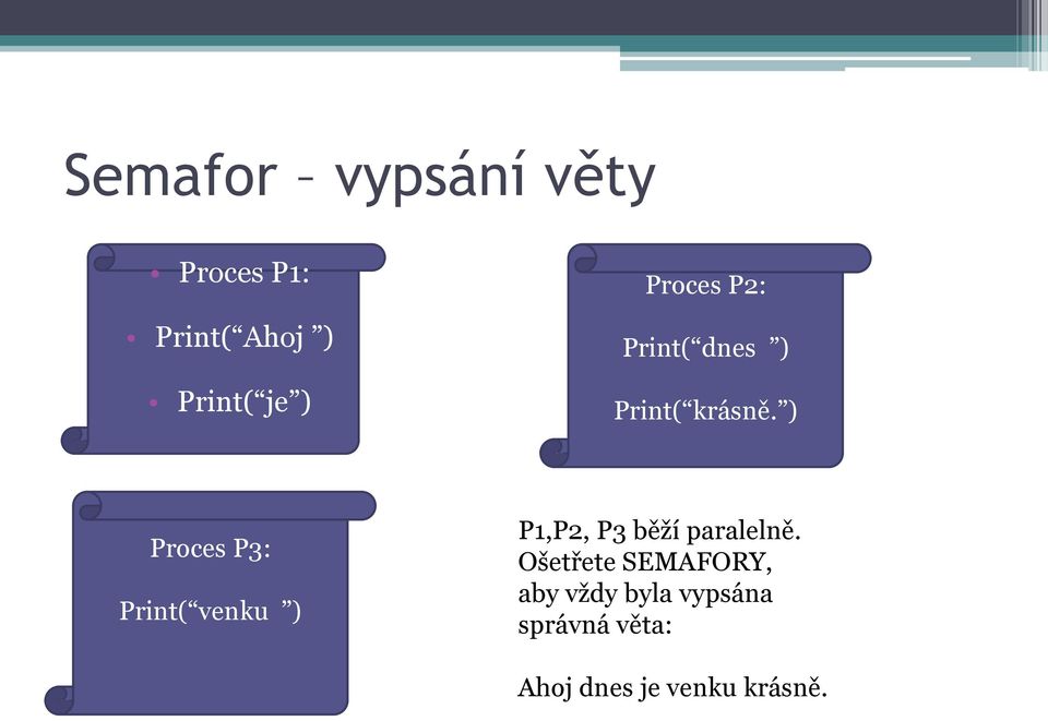 ) Proces P3: Print( venku ) P1,P2, P3 běží paralelně.