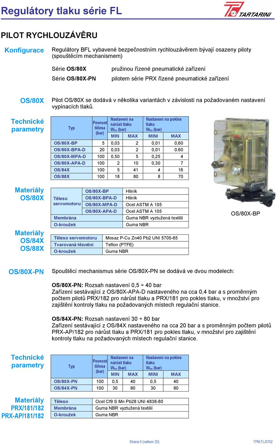 Typ Pevnost tělesa (bar) Nastavení na nárůst tlaku Who (bar) Nastavení na pokles tlaku Who (bar) MIN MAX MINI MAX OS/80X-BP 5 0,03 2 0,01 0,60 OS/80X-BPA-D 20 0,03 2 0,01 0.