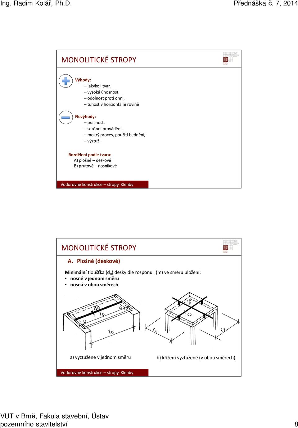 Rozdělení podle tvaru: A) plošné deskové B) prutové nosníkové MONOLITICKÉ STROPY A.