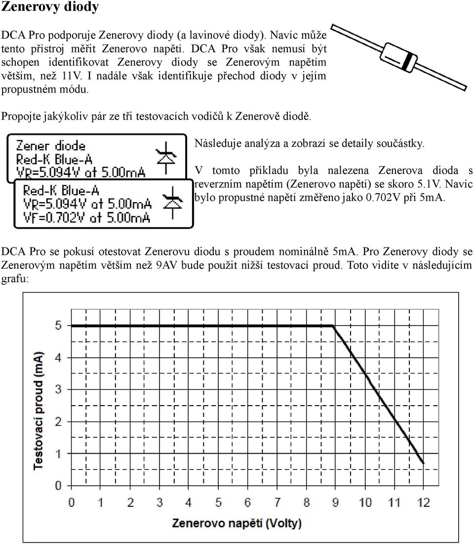 Propojte jakýkoliv pár ze tři testovacích vodičů k Zenerově diodě. Následuje analýza a zobrazí se detaily součástky.