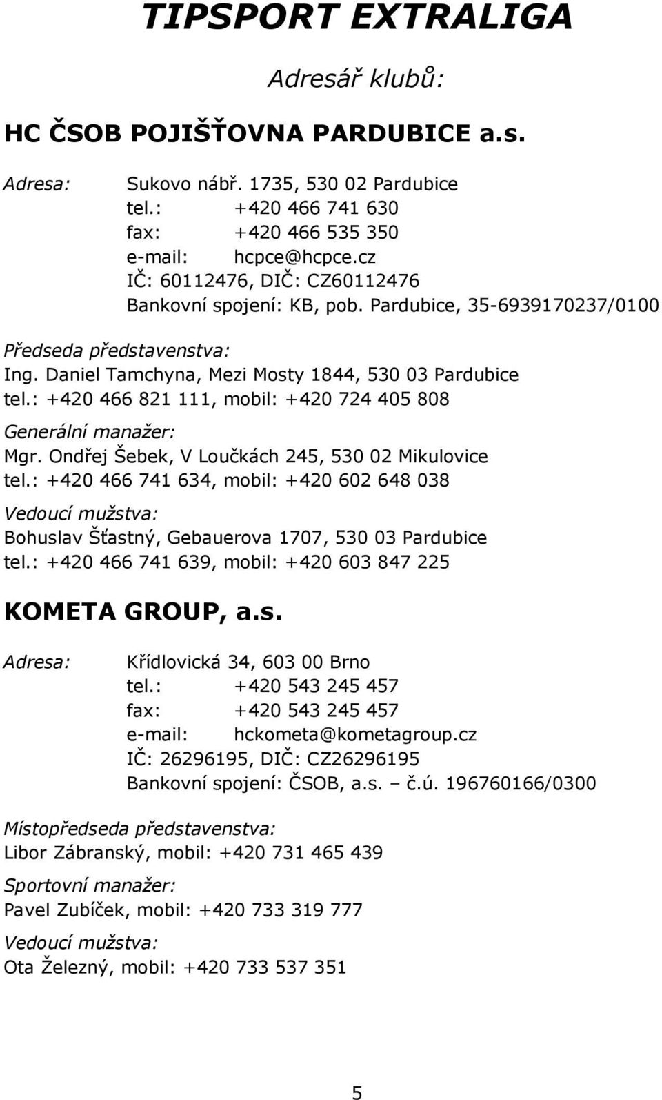 : +420 466 821 111, mobil: +420 724 405 808 Generální manažer: Mgr. Ondřej Šebek, V Loučkách 245, 530 02 Mikulovice tel.