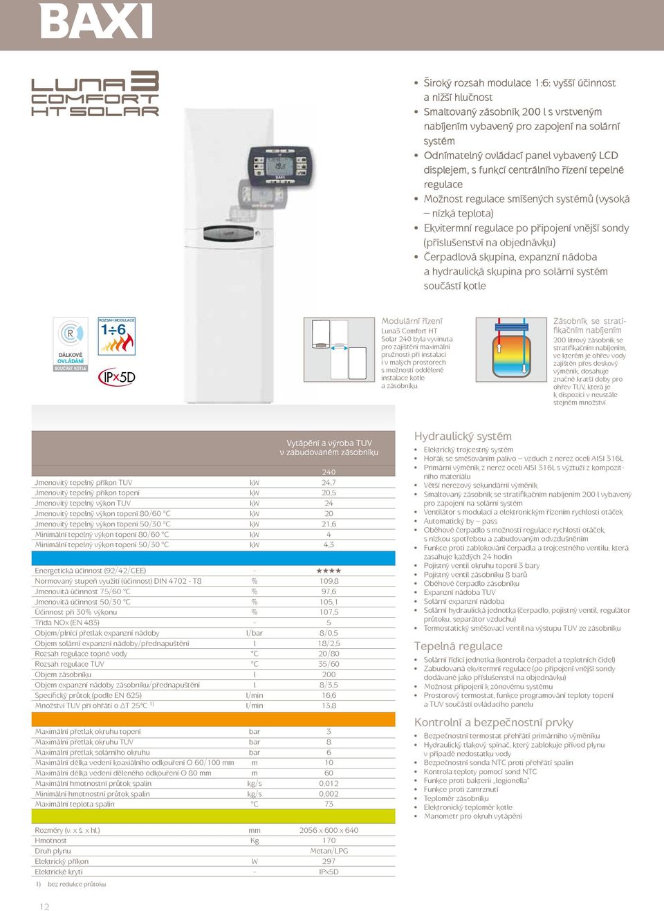 expanzní nádoba a hydraulická skupina pro solární systém součástí kotle DÁLKOVÉ SOUČÁST KOTLE ROZSAH MODULACE Modulární řízení Luna3 Comfort HT Solar 240 byla vyvinuta pro zajištění maximální