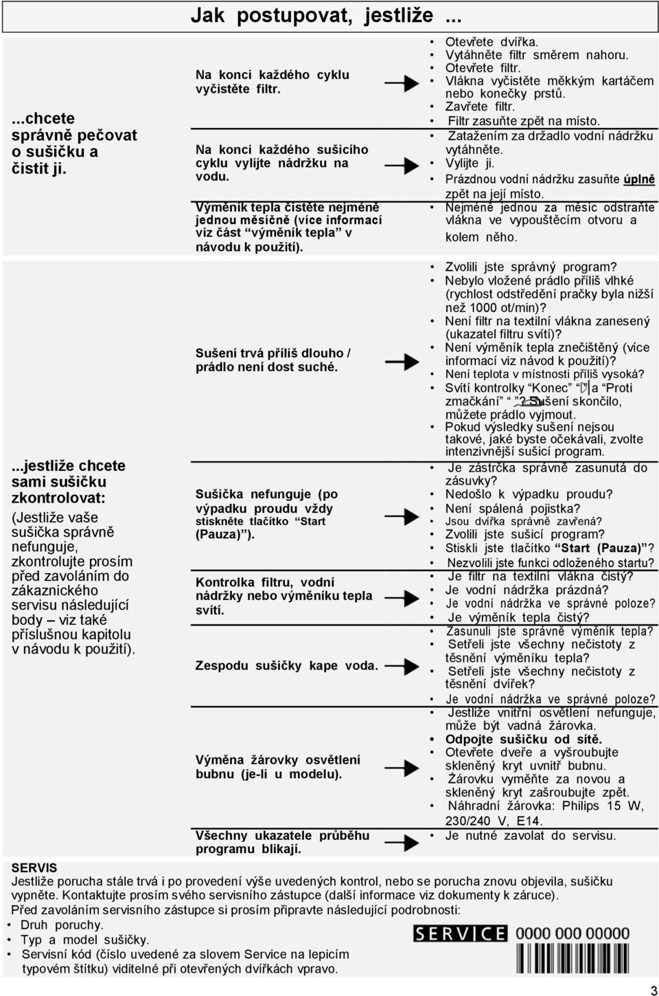 návodu k pouţití). Jak postupovat, jestliže... Na konci každého cyklu vyčistěte filtr. Na konci každého sušicího cyklu vylijte nádržku na vodu.