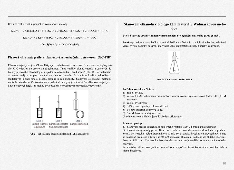 Pomůcky: Widmarkovy baňky, odměrná baňka na 500 ml, staniolové mističky, odměrný válec, byreta, kádinky, sušárna, analytické váhy, automatické pipety a špičky, centrifuga.