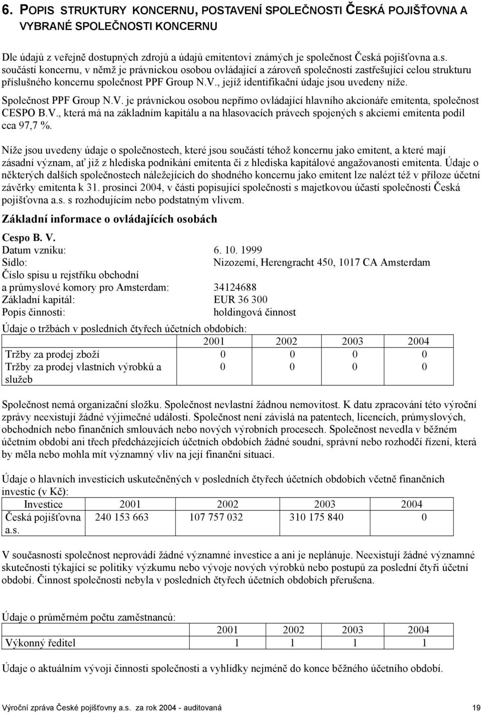 V., jejíž identifikační údaje jsou uvedeny níže. Společnost PPF Group N.V. je právnickou osobou nepřímo ovládající hlavního akcionáře emitenta, společnost CESPO B.V., která má na základním kapitálu a na hlasovacích právech spojených s akciemi emitenta podíl cca 97,7 %.