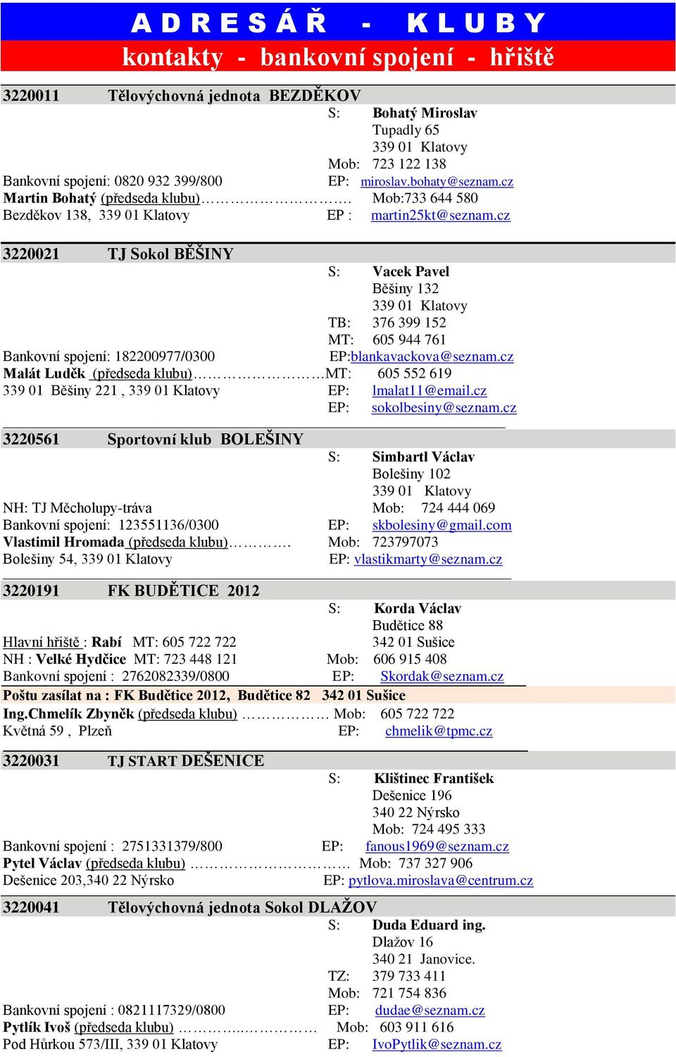 cz 3220021 TJ Sokol BĚŠINY S: Vacek Pavel Běšiny 132 TB: 376 399 152 MT: 605 944 761 Bankovní spojení: 182200977/0300 EP:blankavackova@seznam.