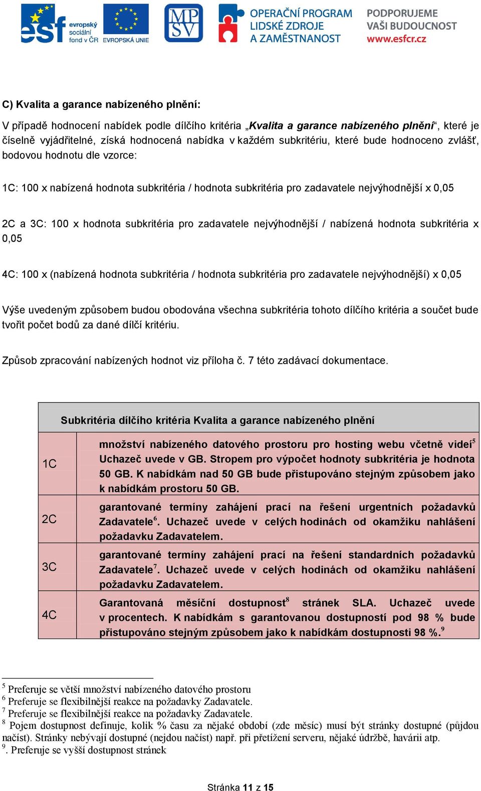 subkritéria pro zadavatele nejvýhodnější / nabízená hodnota subkritéria x 0,05 4C: 100 x (nabízená hodnota subkritéria / hodnota subkritéria pro zadavatele nejvýhodnější) x 0,05 Výše uvedeným