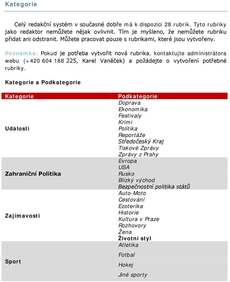 Poznámka: Pokud je potřeba vytvořit nová rubrika, kontaktujte administrátora webu (+420 604 188 225, Karel Vaněček) a požádejte o vytvoření potřebné rubriky.