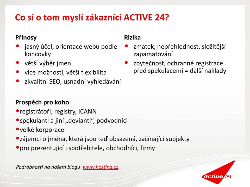 Rizika zmatek, nepřehlednost, složitější zapamatování zbytečnost, ochranné registrace před spekulacemi = další náklady Prospěch pro koho