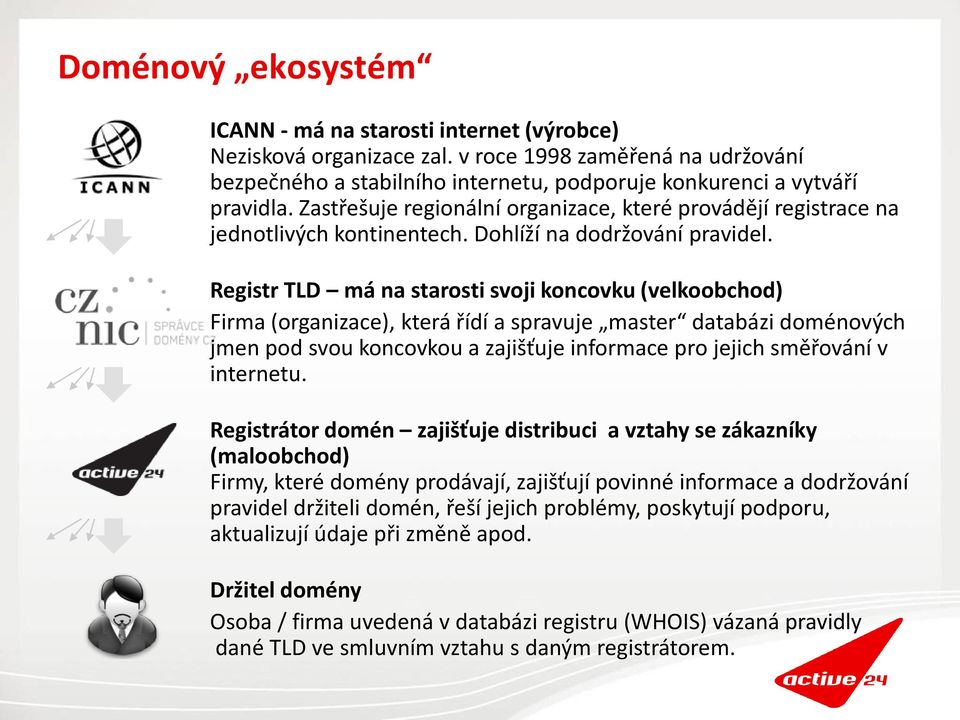 Registr TLD má na starosti svoji koncovku (velkoobchod) Firma (organizace), která řídí a spravuje master databázi doménových jmen pod svou koncovkou a zajišťuje informace pro jejich směřování v
