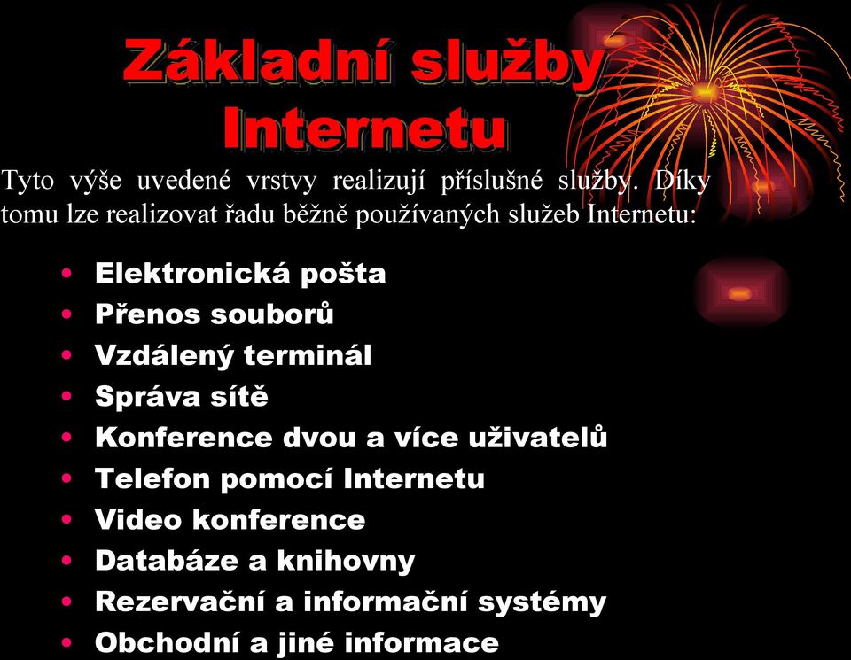 Přenos souborů Vzdálený terminál Správa sítě Konference dvou a více uživatelů Telefon