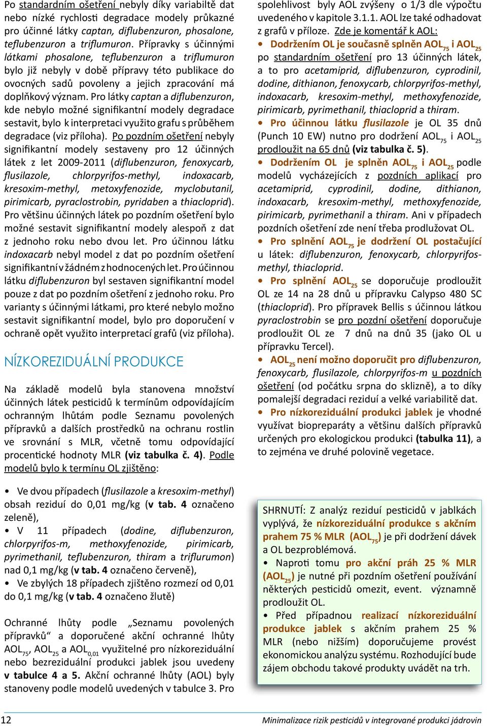 Pro látky captan a diflubenzuron, kde nebylo možné signifikantní modely degradace sestavit, bylo k interpretaci využito grafu s průběhem degradace (viz příloha).