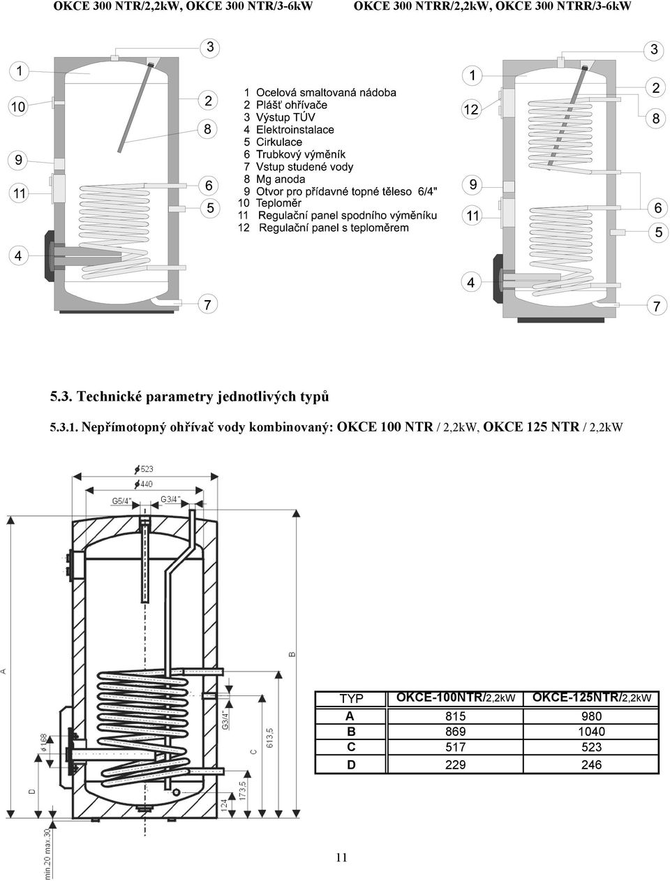 Nepřímotopný ohřívač vody kombinovaný: OKCE 100 NTR / 2,2kW, OKCE 125 NTR
