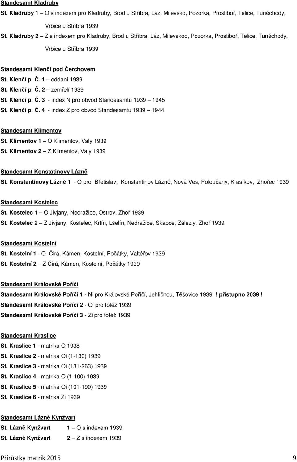 Klenčí p. Č. 2 zemřelí 1939 St. Klenčí p. Č. 3 - index N pro obvod Standesamtu 1939 1945 St. Klenčí p. Č. 4 - index Z pro obvod Standesamtu 1939 1944 Standesamt Klimentov St.