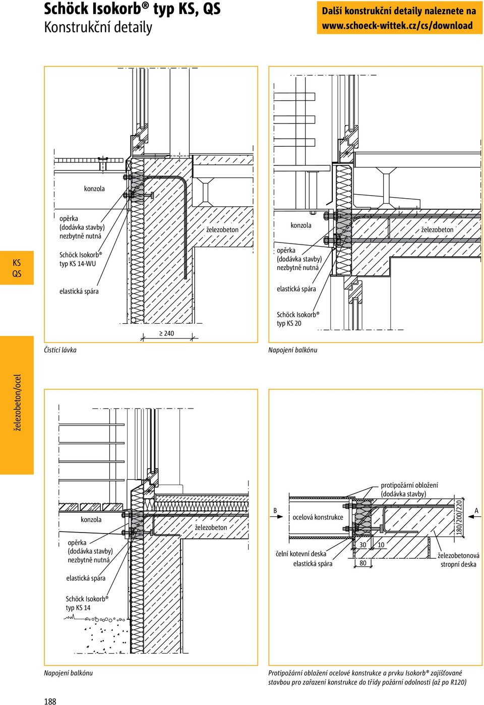 Napojení balkónu protipožární obložení konzola železobeton B ocelová konstrukce A opěrka čelní kotevní deska 30 10 80 železobetonová stropní