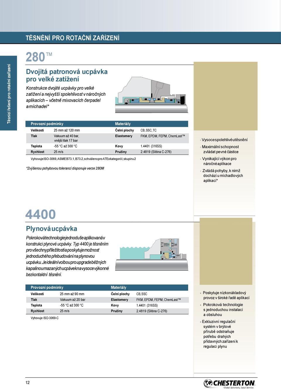 Pružiy Vyhovuje ISO-3069, ASME B73.1, B73.2, schváleo pro ATEx kategorii I, skupiu 2 *Zvýšeou pohybovou tolerací dispouje verze 280M CB, SSC, TC FKM, EPDM, FEPM, ChemLast 1.4401 (316SS) 2.