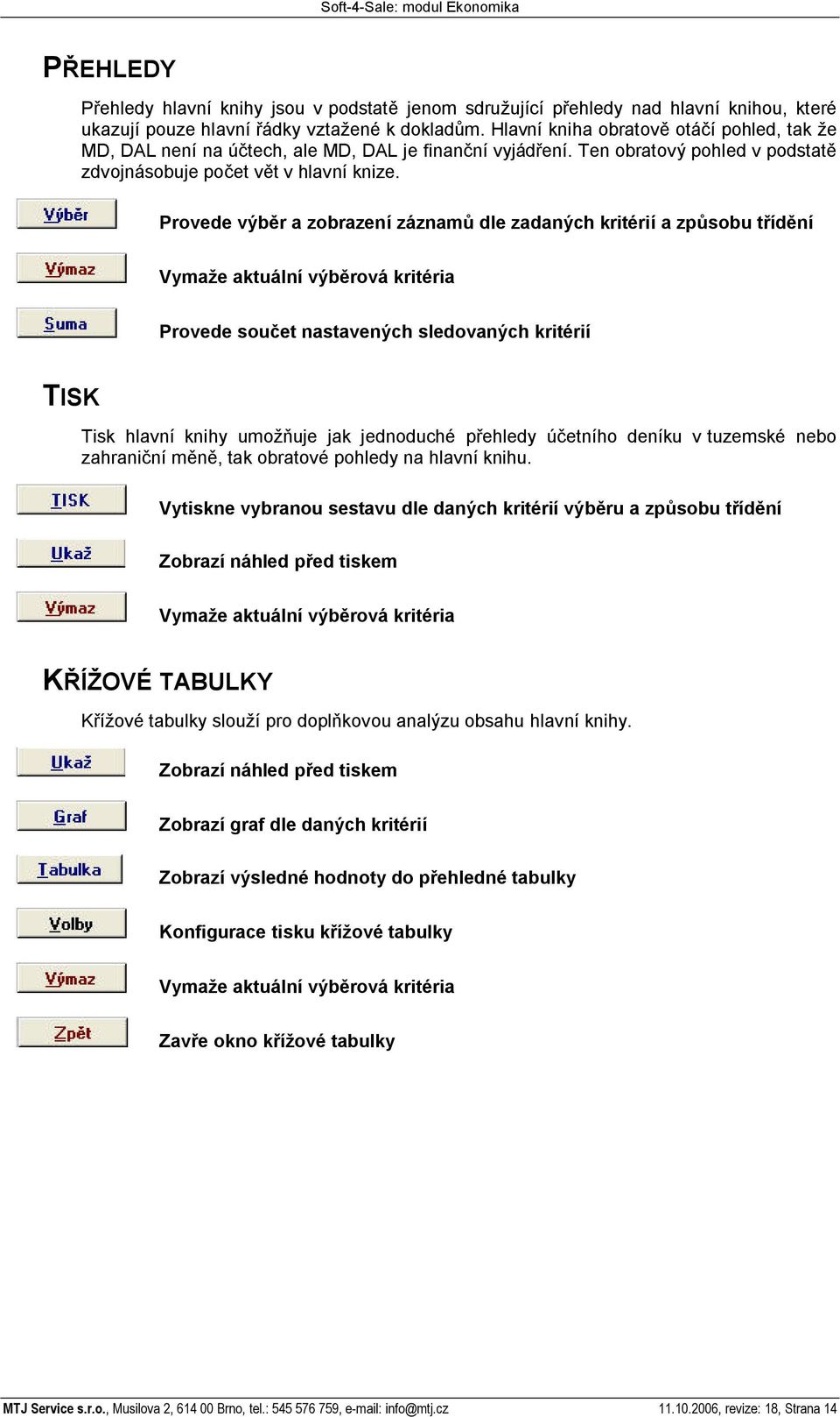 Provede výb r a zobrazení záznam dle zadaných kritérií a zp sobu t íd ní Vyma e aktuální výb rová kritéria Provede sou et nastavených sledovaných kritérií TISK Tisk hlavní knihy umo uje jak