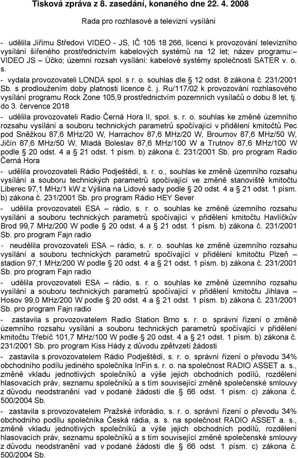 název programu: VIDEO JS Účko; územní rozsah vysílání: kabelové systémy společnosti SATER v. o. s. - vydala provozovateli LONDA spol. s r. o. souhlas dle 12 odst. 8 zákona č. 231/2001 Sb.