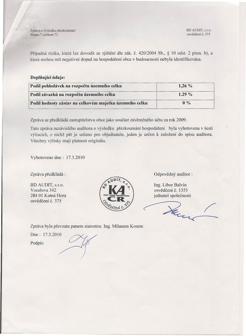 29 % Podíl hodnoty zástav na celkovém majetku územního celku 0% Zpráva se předkládá zastupitelstvu obce jako součást závěrečného účtu za rok 2009.