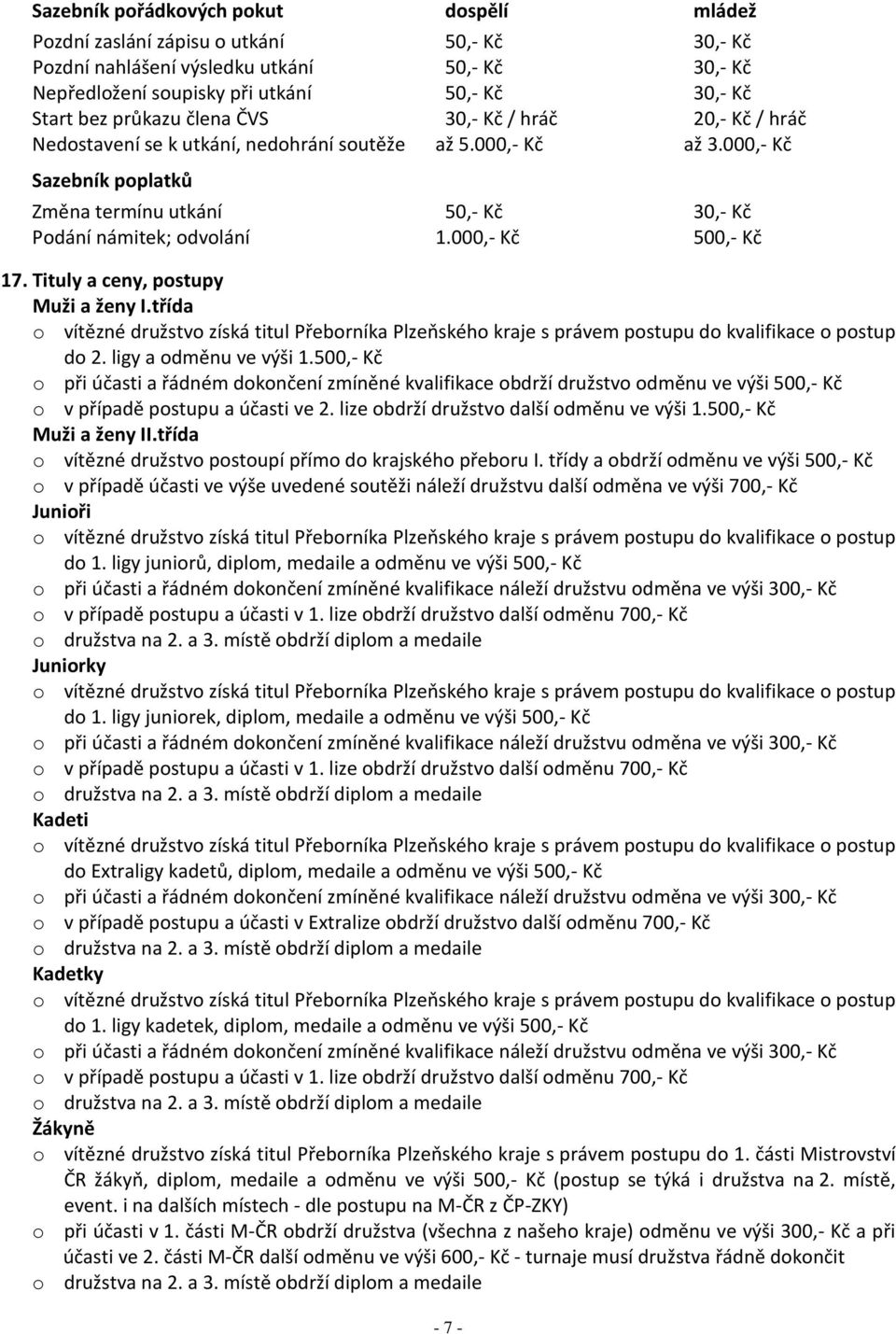 000,- Kč Sazebník poplatků Změna termínu utkání 50,- Kč 30,- Kč Podání námitek; odvolání 1.000,- Kč 500,- Kč 17. Tituly a ceny, postupy Muži a ženy I.