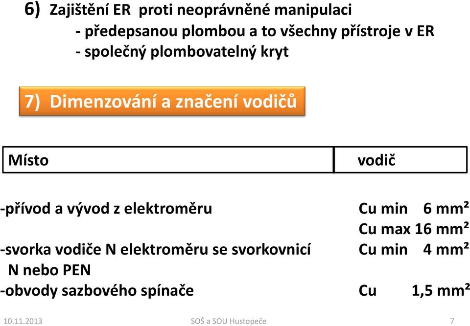 vývod z elektroměru Cu min 6 mm² Cu max 16 mm² -svorka vodiče N elektroměru se svorkovnicí