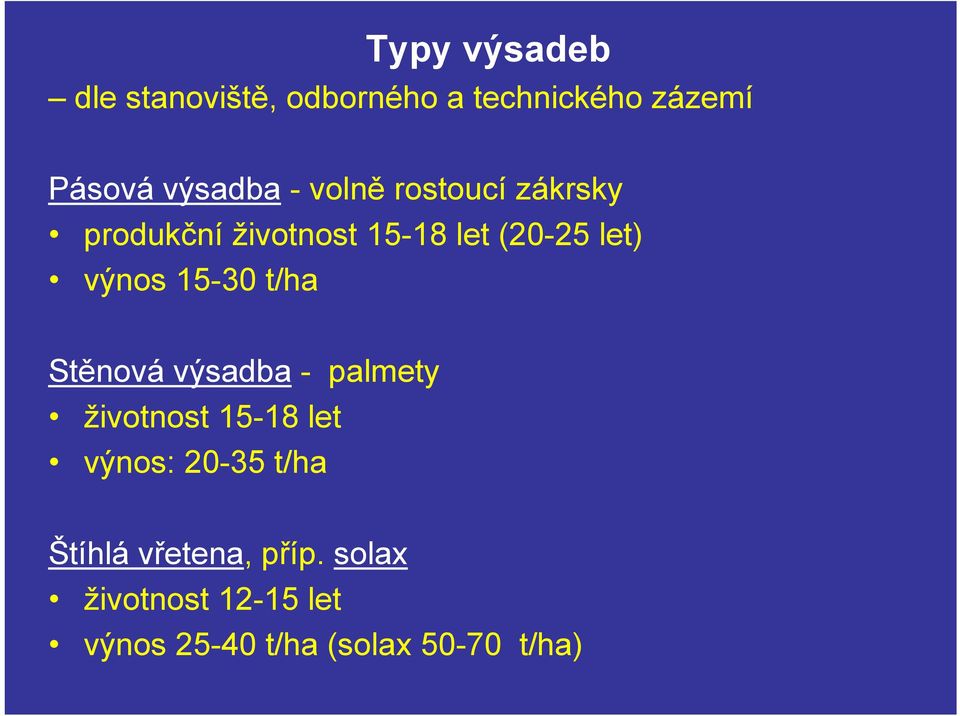15-30 t/ha Stěnová výsadba - palmety životnost 15-18 let výnos: 20-35 t/ha