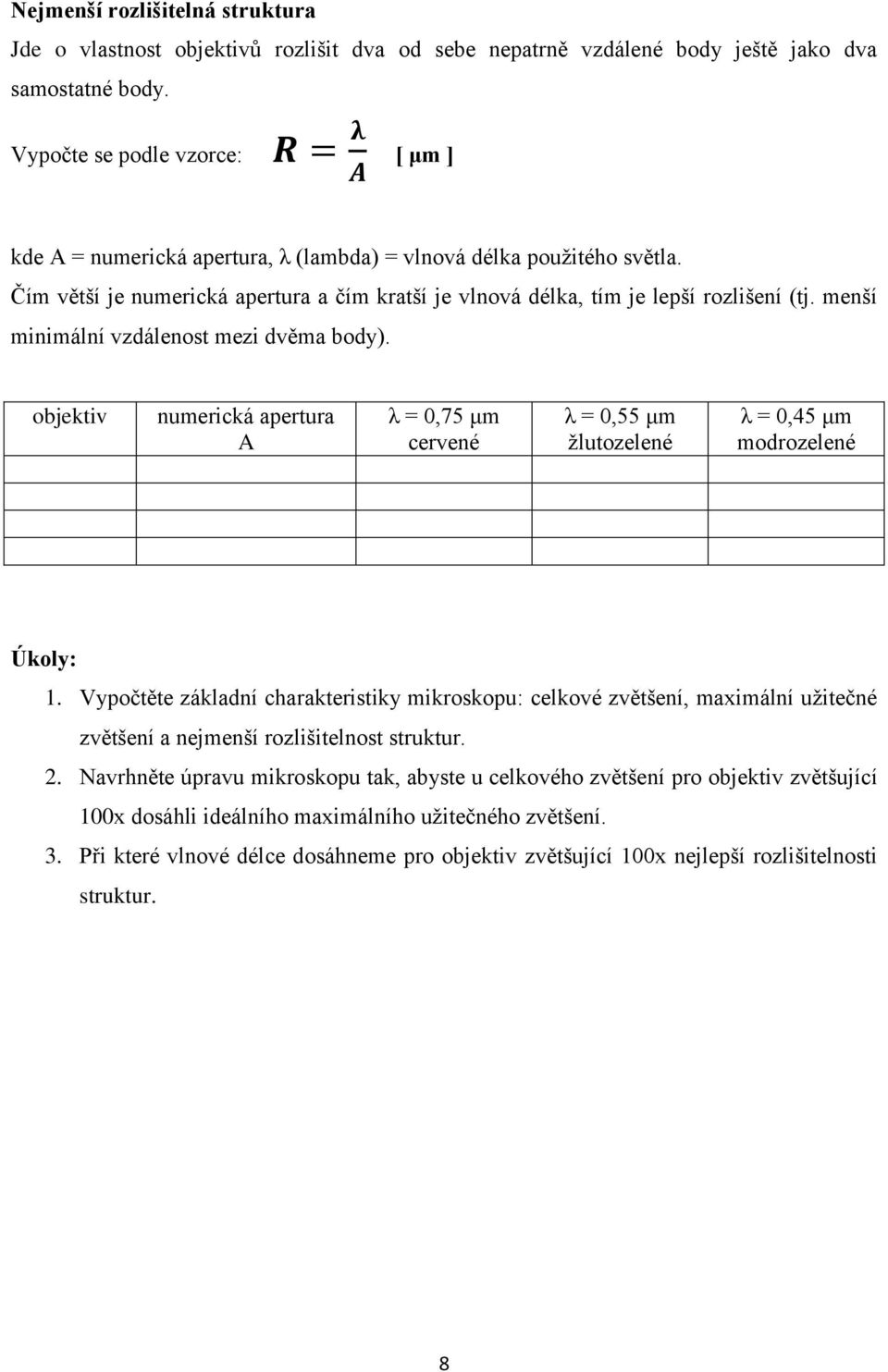 Čím větší je numerická apertura a čím kratší je vlnová délka, tím je lepší rozlišení (tj. menší minimální vzdálenost mezi dvěma body).