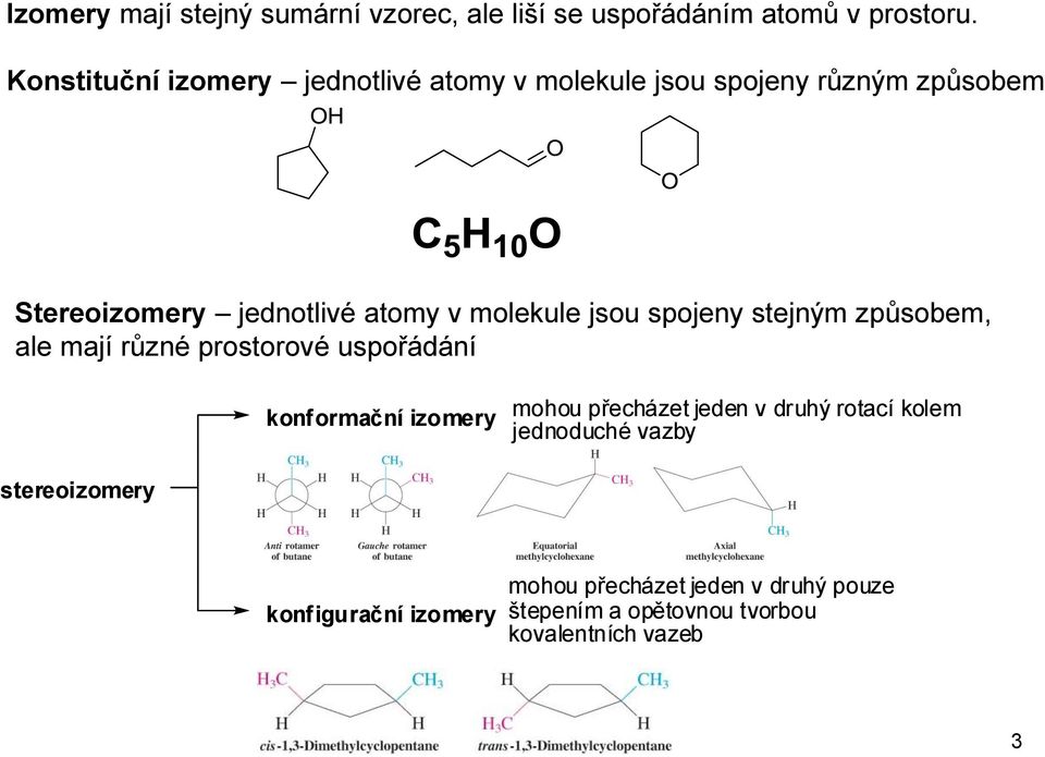 molekule jsou spojeny stejným způsobem, ale mají různé prostorové uspořádání konformační izomery mohou přecházet