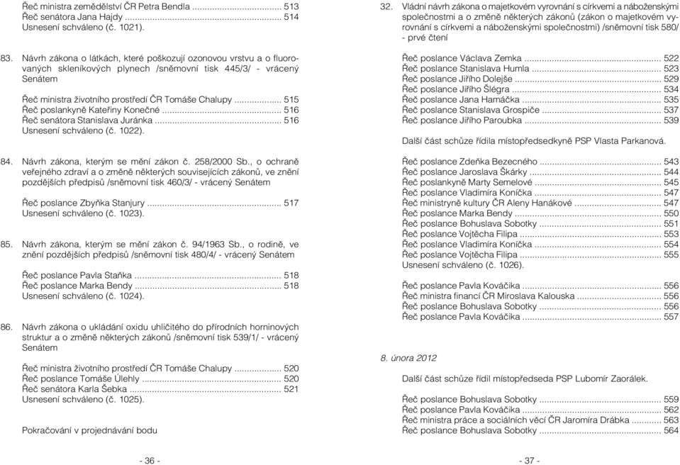 .. 515 Řeč poslankyně Kateřiny Konečné... 516 Řeč senátora Stanislava Juránka... 516 Usnesení schváleno (č. 1022). 84. Návrh zákona, kterým se mění zákon č. 258/2000 Sb.