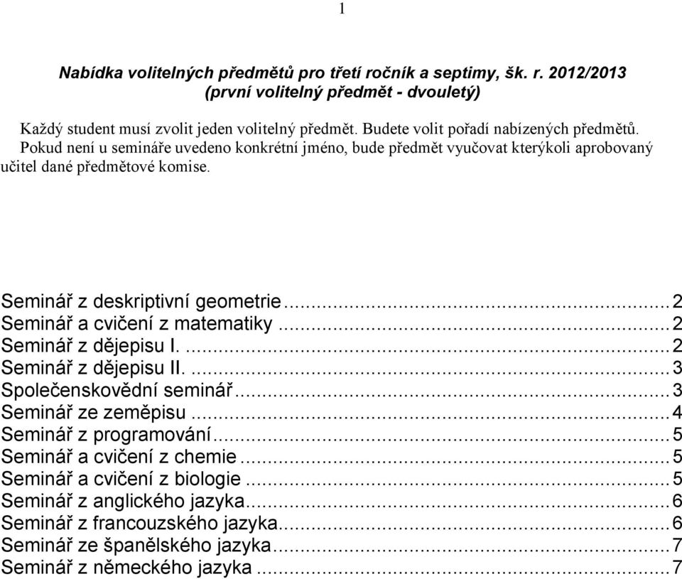 Seminář z deskriptivní geometrie... 2 Seminář a cvičení z matematiky... 2 Seminář z dějepisu I.... 2 Seminář z dějepisu II.... 3 Společenskovědní seminář... 3 Seminář ze zeměpisu.