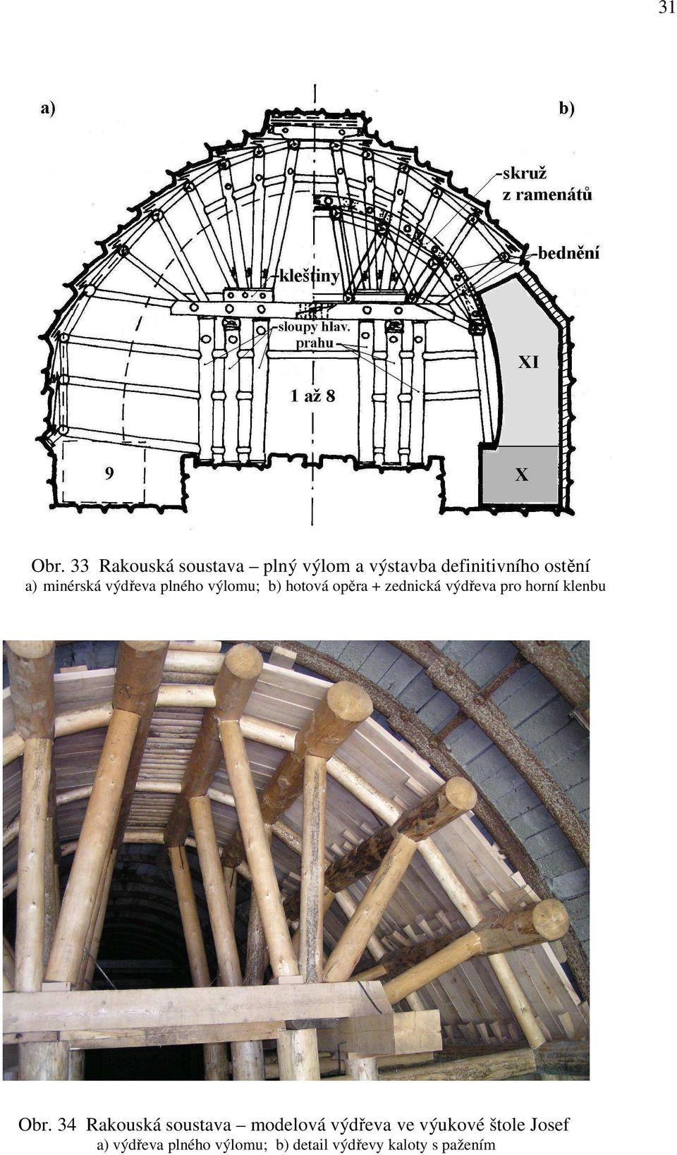 minérská výdřeva plného výlomu; b) hotová opěra + zednická výdřeva pro