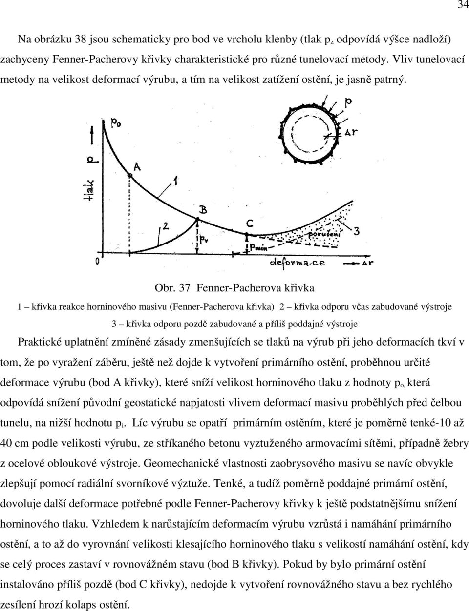 37 Fenner-Pacherova křivka 1 křivka reakce horninového masivu (Fenner-Pacherova křivka) 2 křivka odporu včas zabudované výstroje 3 křivka odporu pozdě zabudované a příliš poddajné výstroje Praktické