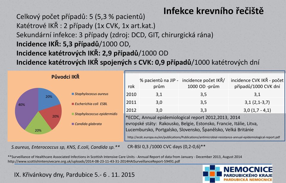 případů/1000 katétrových dní Původci IKŘ rok % pacientů na JIP - prům incidence počet IKŘ/ 1000 OD -prům incidence CVK IKŘ - počet případů/1000 CVK dní 40% 20% 20% 20% Staphylococus aureus