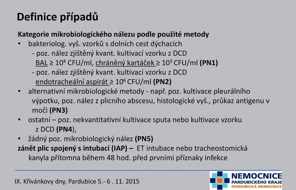 kultivací vzorku z DCD endotracheální aspirát 10 6 CFU/ml (PN2) alternativní mikrobiologické metody - např. poz. kultivace pleurálního výpotku, poz.