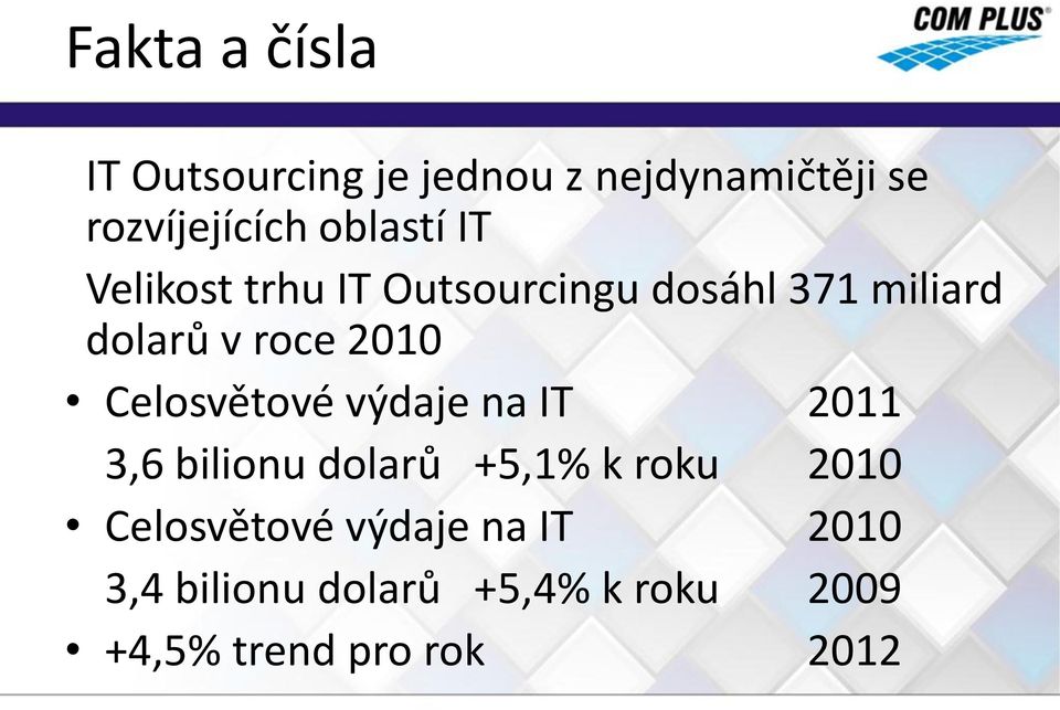 2010 Celosvětové výdaje na IT 2011 3,6 bilionu dolarů +5,1% k roku 2010