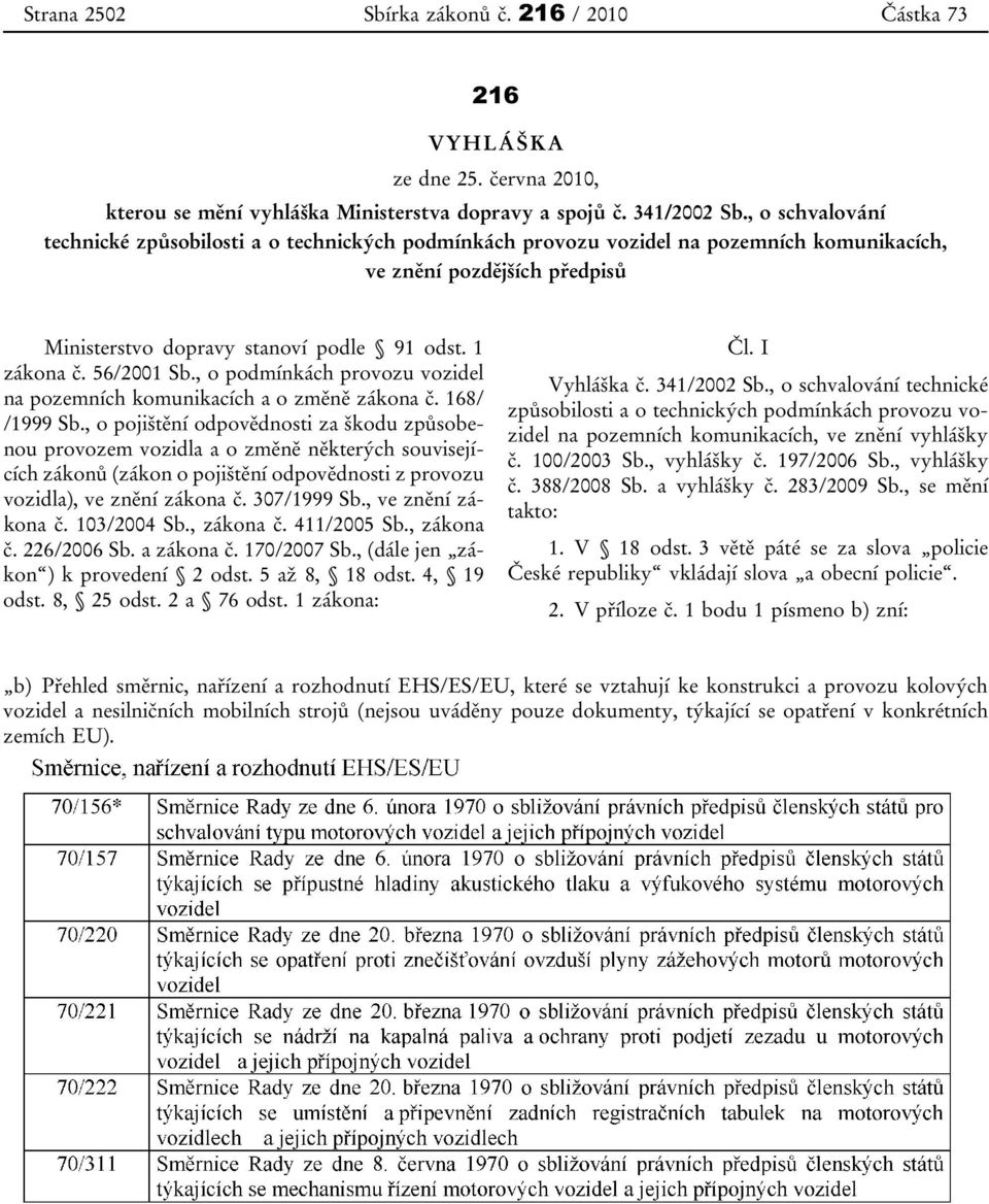 56/2001 Sb., o podmínkách provozu vozidel na pozemních komunikacích a o změně zákona č. 168/ /1999 Sb.