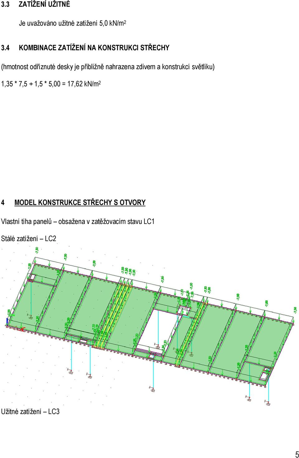 nahrazena zdivem a konstrukcí světlíku) 1,35 * 7,5 + 1,5 * 5,00 17,62 kn/m 2 4 MODEL