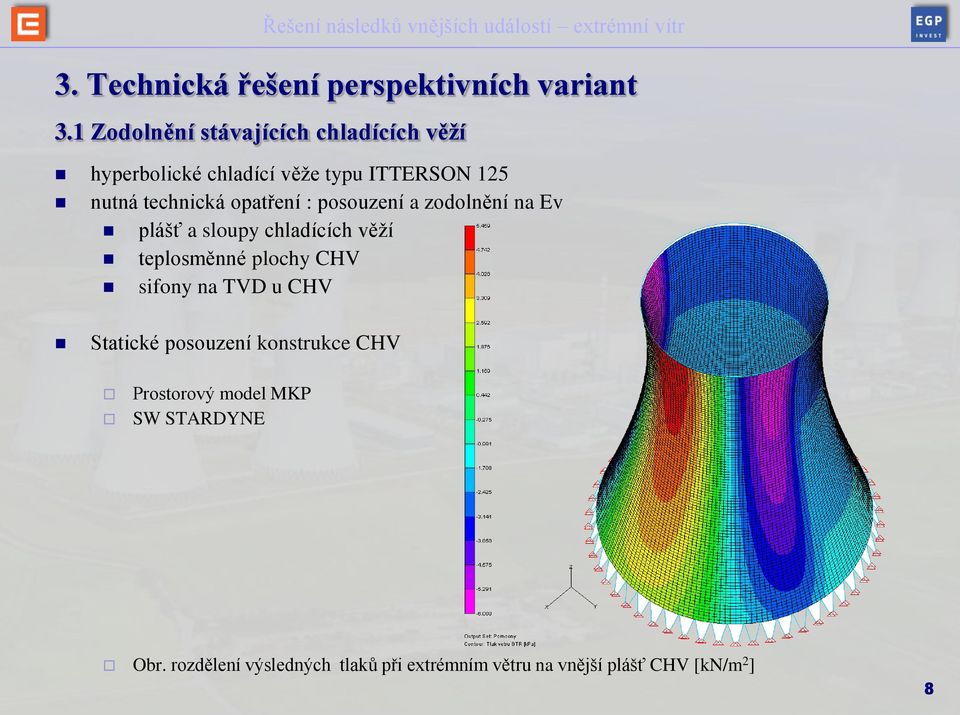 posouzení a zodolnění na Ev plášť a sloupy chladících věží teplosměnné plochy CHV sifony na TVD u CHV Statické