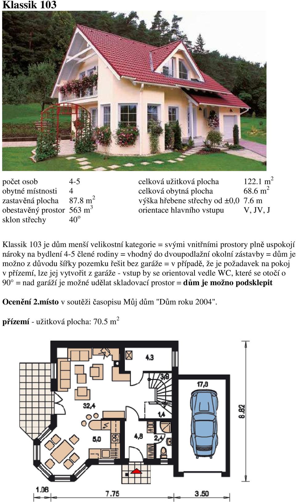 6 m orientace hlavního vstupu V, JV, J Klassik 103 je dům menší velikostní kategorie = svými vnitřními prostory plně uspokojí nároky na bydlení 4-5 člené rodiny = vhodný do dvoupodlažní okolní