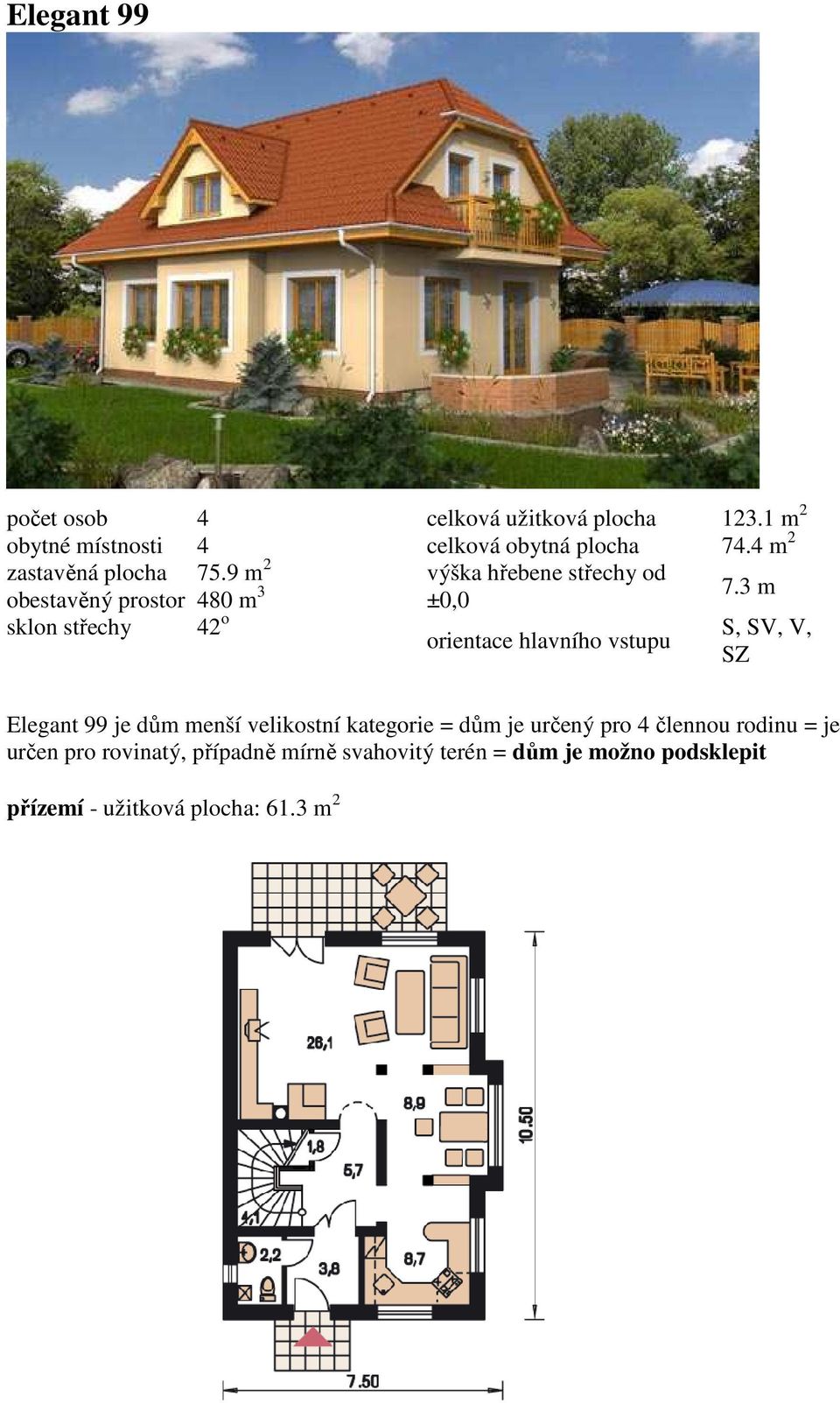 4 m 2 výška hřebene střechy od ±0,0 orientace hlavního vstupu 7.