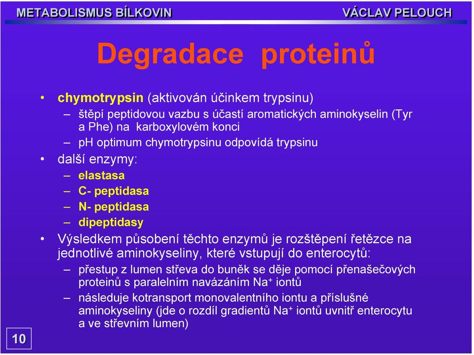 rozštěpení řetězce na jednotlivé aminokyseliny, které vstupují do enterocytů: přestup z lumen střeva do buněk se děje pomocí přenašečových proteinů s