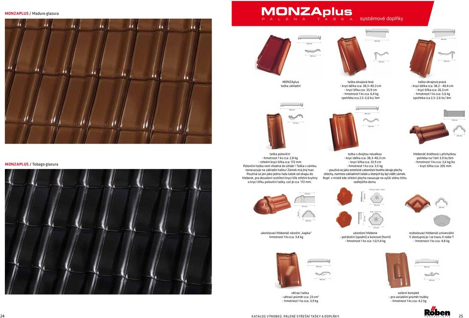 glazura taška poloviční - hmotnost 1 ks cca: 2,8 kg - střední krycí šířka cca: 172 mm Poloviční taška není vhodná do úžlabí! Taška v zámku nenavazuje na základní tašku! Zámek má jiný tvar.