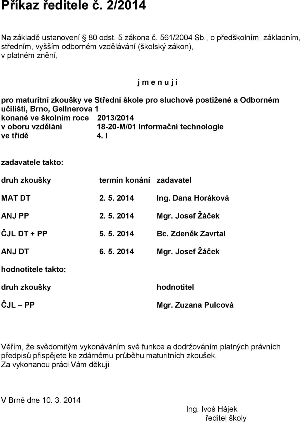 Brno, Gellnerova 1 konané ve školním roce 2013/2014 v oboru vzdělání 18-20-M/01 Informační technologie ve třídě 4. I zadavatele takto: druh zkoušky termín konání zadavatel MAT DT 2. 5. 2014 Ing.