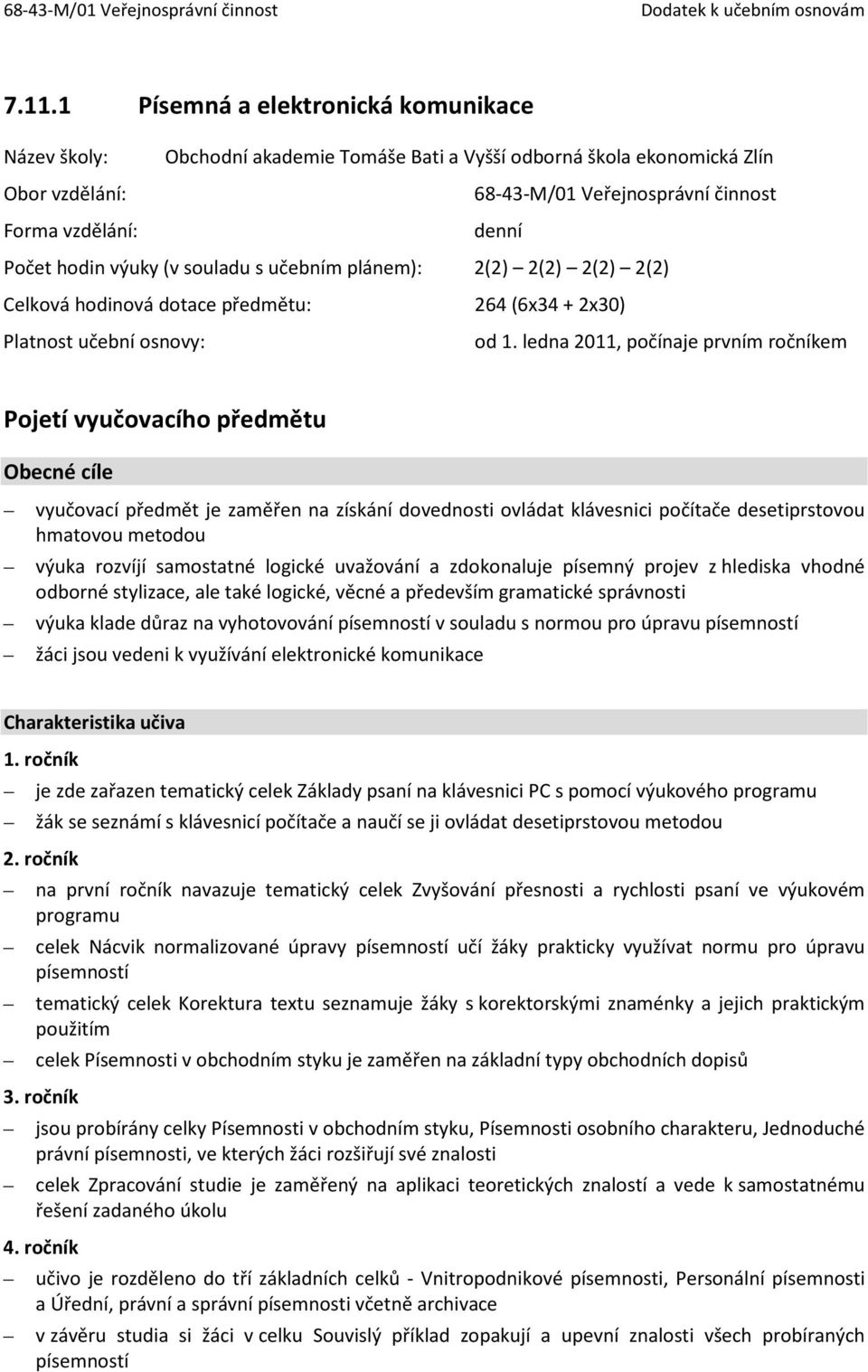 ledna 2011, počínaje prvním ročníkem Pojetí vyučovacího předmětu Obecné cíle vyučovací předmět je zaměřen na získání dovednosti ovládat klávesnici počítače desetiprstovou hmatovou metodou výuka