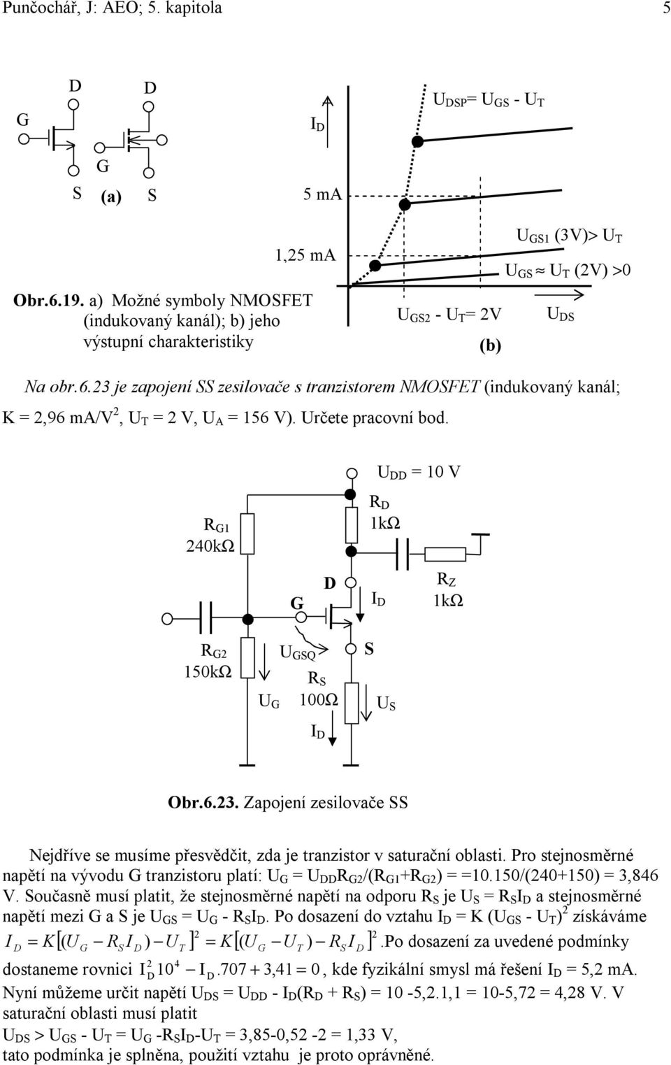 23 j zapojní SS zsilovač s tranzistorm NMOSFET (indukovaný kanál; K = 2,96 ma/v 2, U T = 2 V, U A = 156 V). Určt pracovní bod.