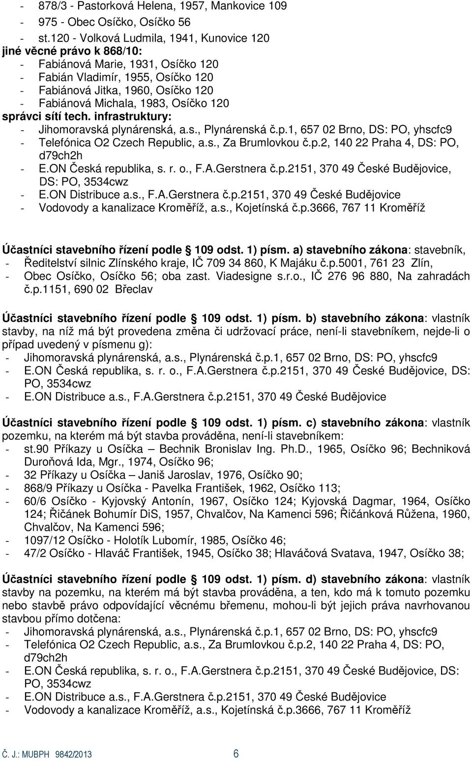 1983, Osíčko 120 správci sítí tech. infrastruktury: - E.ON Česká republika, s. r. o., F.A.Gerstnera č.p.2151, 370 49 České Budějovice, DS: PO, 3534cwz Účastníci stavebního řízení podle 109 odst.