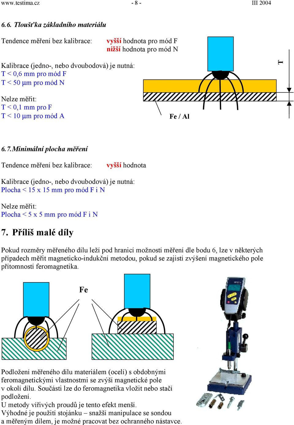 T Nelze měřit: T < 0,1 mm pro F T < 10 µm pro mód A Fe / Al 6.7.