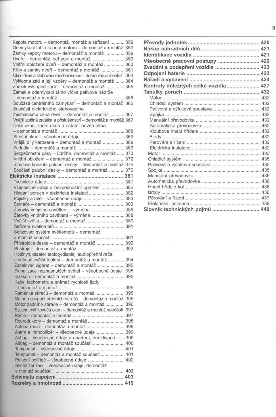 363 Výklopná záď a její vzpěry - demontáž a m ontáž... 364 Zámek výklopné zádě - demontáž a montáž...365 Zámek a odemykací táhlo víčka palivové nádrže - demontáž a montáž.