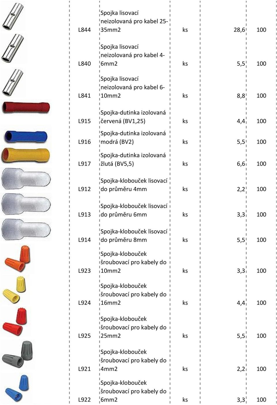 100 Spojka-klobouček lisovací do průměru 4mm ks 2,2 100 Spojka-klobouček lisovací do průměru 6mm ks 3,3 100 Spojka-klobouček lisovací do průměru 8mm ks 5,5 100 Spojka-klobouček šroubovací pro kabely