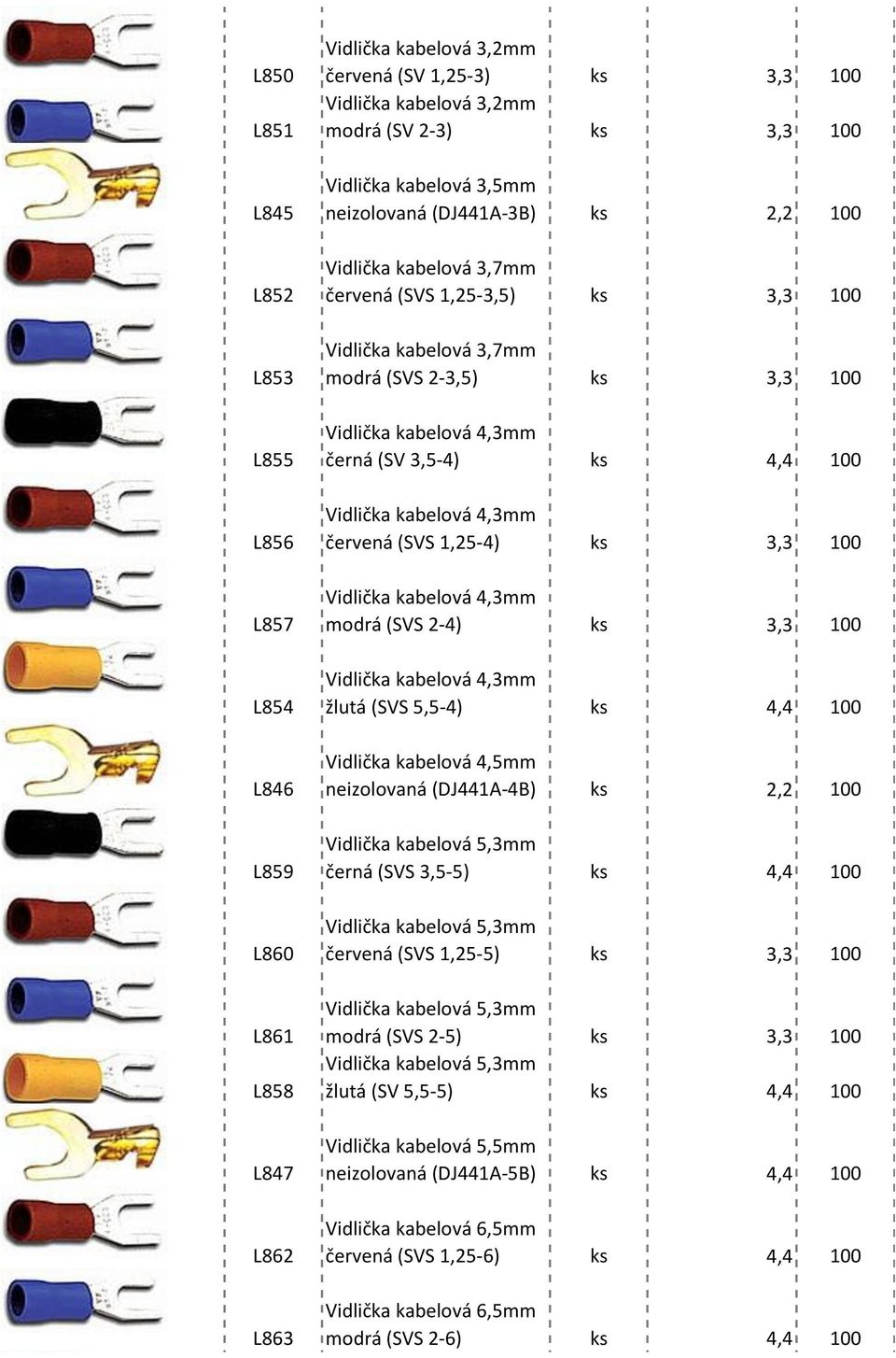 3,5-4) ks 4,4 100 Vidlička kabelová 4,3mm červená (SVS 1,25-4) ks 3,3 100 Vidlička kabelová 4,3mm modrá (SVS 2-4) ks 3,3 100 Vidlička kabelová 4,3mm žlutá (SVS 5,5-4) ks 4,4 100 Vidlička kabelová